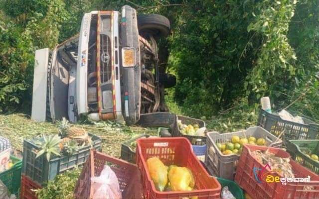 ಹಣ್ಣುಹಂಪಲು ಹೊತ್ತ ಟೆಂಪೋ ಬ್ರೇಕ್ ವೈಫಲ್ಯದಿಂದಾಗಿ ಪಲ್ಟಿ.