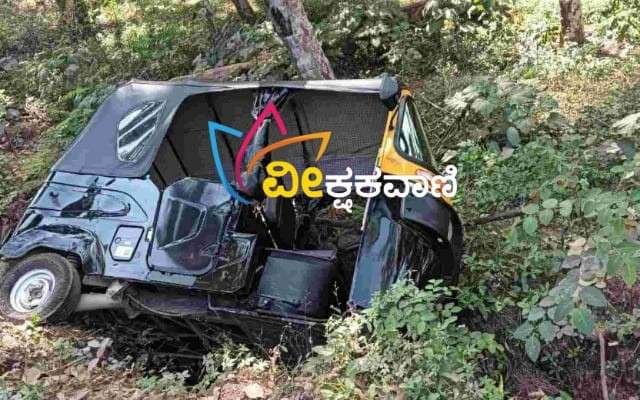ರಸ್ತೆ ಬದಿಯ ತೋಟಕ್ಕೆ ಉರುಳಿ ಬಿದ್ದ ಆಟೋ ರಿಕ್ಷಾ.